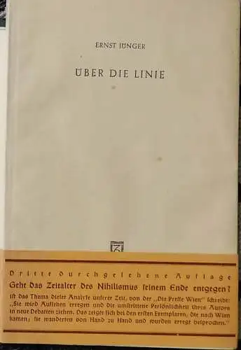 Jünger, Ernst: Über die Linie.   Mit Verlagsbauchbinde !. 