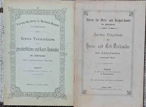 Künne, A: Erstes Verzeichniss der geschichtlichen und Kunst-Denkmäler des Süderlandes und angrenzender Bezirke. / Zweites Verzeichnis der Stein- und Erd-Denkmäler des Süderlandes unbestimmten Alters. 