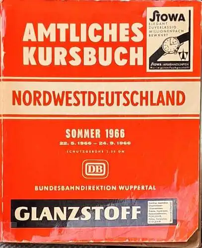 DB - Kursbuch  - Amtliches Kursbuch Nordwestdeutschland Sommer 1966. vom 22. 5. 1966 bis 24. 9. 1966.