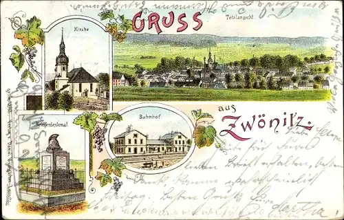 Litho Zwönitz im Erzgebirge Sachsen, Bahnhof, Kirche, Kriegerdenkmal, Totalansicht