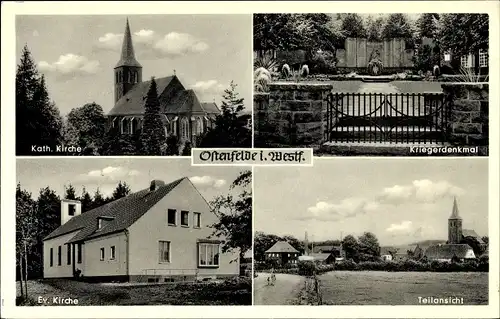 Ak Ostenfelde Ennigerloh Westfalen, Kath. Kirche, Kriegerdenkmal, Ev. Kirche, Teilansicht 
