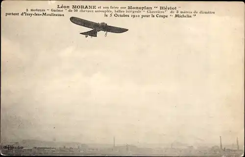 Ak Léon Morane, Monoplan Blériot, Issy les Moulineaux, 5 Octobre 1910, Michelin