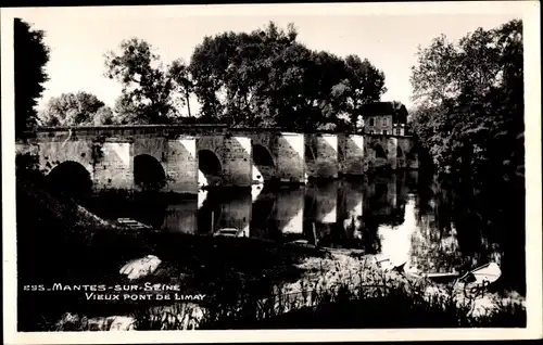 Ak Mantes sur Marne Yvelines, Vieux Pont de Limay, Flusspartie