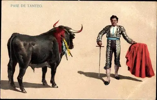 Künstler Ak Stierkampf, Pase de Tanteo, Bulle, Torero, Degen, Rotes Tuch