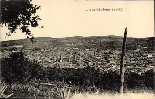 Ak Fès Fez Marokko, Vue generale, Blick auf den Ort, Minarett, Agaven