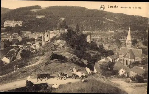 Ak La Roche en Ardenne Wallonien Luxemburg, Montée de la Goette, Kuhabtrieb