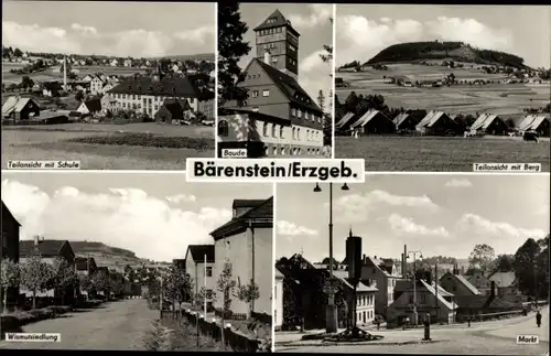 Ak Bärenstein Erzgebirge, Wismutsiedlung, Markt, Teilansicht mit Schule und Berg