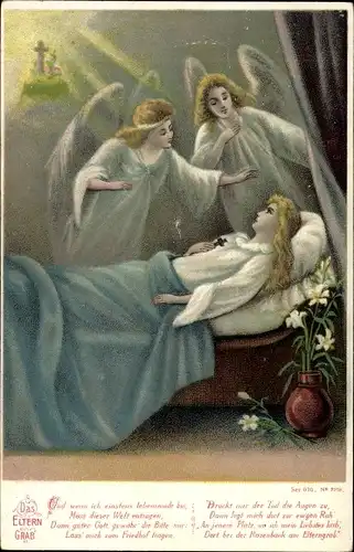 Litho Das Eltern Grab, sterbende Frau, Engel am Sterbebett