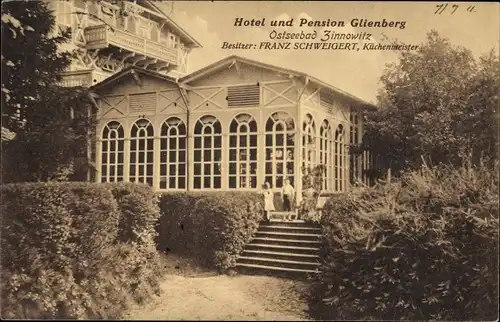 Ak Ostseebad Zinnowitz, Kinder posieren vor Hotel und Pension Glienberg, Besitzer Franz Schweigert