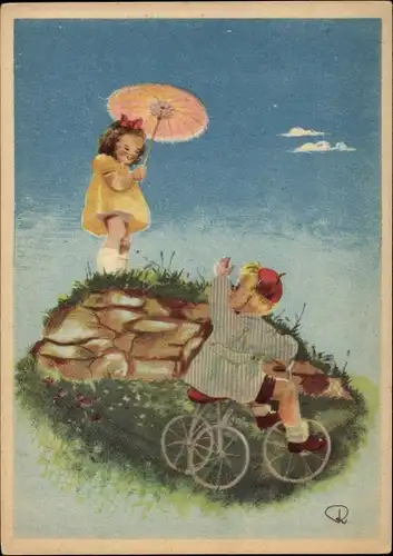 Künstler Ak Junge mit Dreirad, Mädchen mit Sonnenschirm