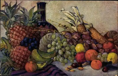 Künstler Ak Früchte aus unseren Kolonien, Ananas, Mango, Maiskolben, Weintrauben