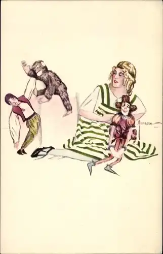 Künstler Ak Manasse, Frau in grün weiß gestreiftem Kleid mit Puppen und Affe, BKWI 542 5