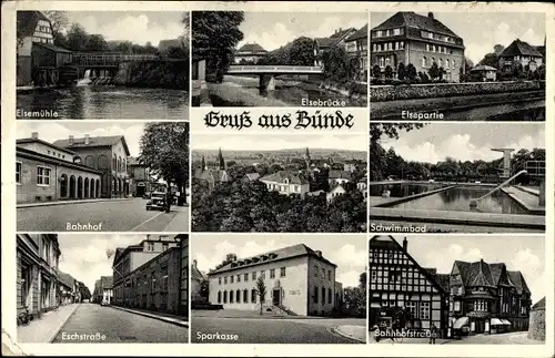 Ak Bünde im Kreis Herford, Bahnhof, Sparkasse, Schwimmbad, Elsebrücke, Strassenansichten, Mühle