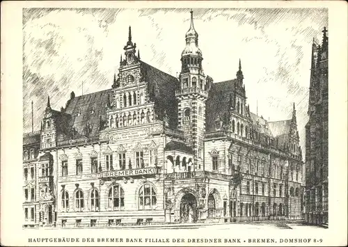Künstler Ak Hansestadt Bremen, Zeichnung vom Hauptgebäude der Bremer Bank Filiale der Dresdner Bank
