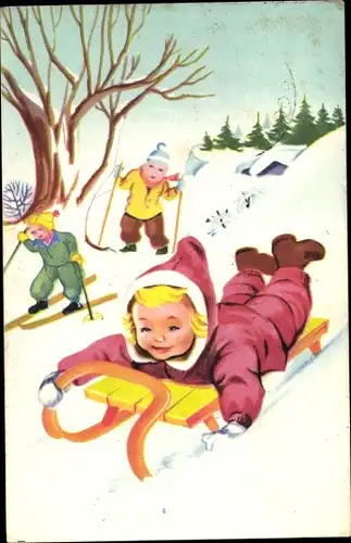 Ak Kinder fahren Schlitten und Ski, Wintersport, Abfahrt vom Hügel