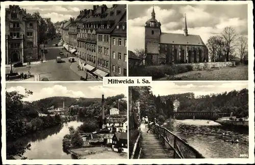 Ak Mittweida in Sachsen, Partie auf der Holzbrücke, Kirche, Markt, Fluss