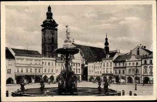 Ak Budweis České Budějovice Südböhmen Tschechien, Marktplatz, Brunnen, Turmuhr, Namesti