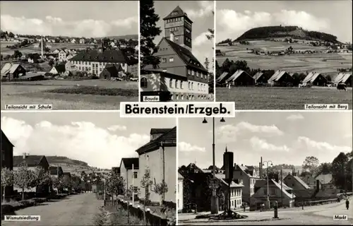 Ak Bärenstein Erzgebirge, Teilansicht mit Schule, Berg, Wismutsiedlung, Markt