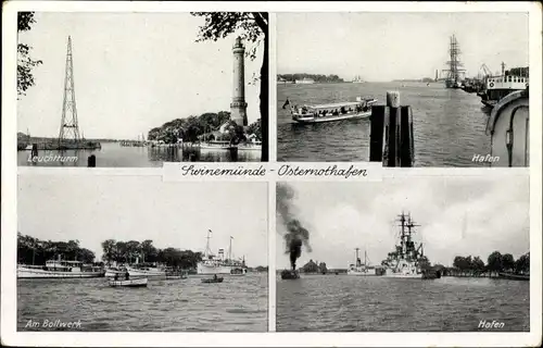 Ak Warszów Świnoujście Osternothafen Swinemünde Pommern, Leuchtturm, Hafen, Bollwerk, Kriegsschiff