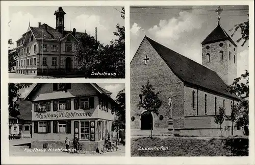 Ak Zusenhofen Oberkirch in Baden Württemberg, Kirche, Kaufhaus H. Lebfromm, Schule