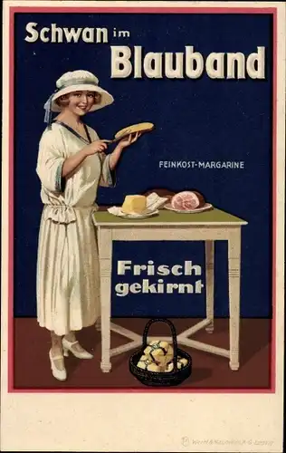 Künstler Ak Schwan im Blauband, Feinkost Margarine, Frisch gekirnt, Reklame