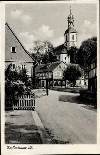 Ak Großschönau im Kreis Görlitz, Dorfidyll, Blick zur Kirche
