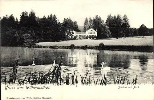 Ak Wilhelmsthal Marksuhl im Wartburgkreis, Schloss mit Park, Teich mit Schwänen