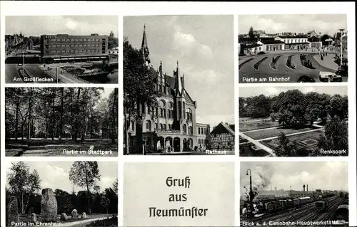 Ak Neumünster in Schleswig Holstein, Großflecken, Rathaus, Stadtpark, Bahnhof, Renkspark, Ehrenhain