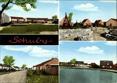 Ak Schuby in Schleswig Holstein, Straßenpartie, Wohnsiedlung, Spielplatz, Teichblick