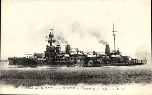 Ak Französisches Kriegsschiff, Justice, Cuirassé de 1er rang, Marine Militaire Francaise