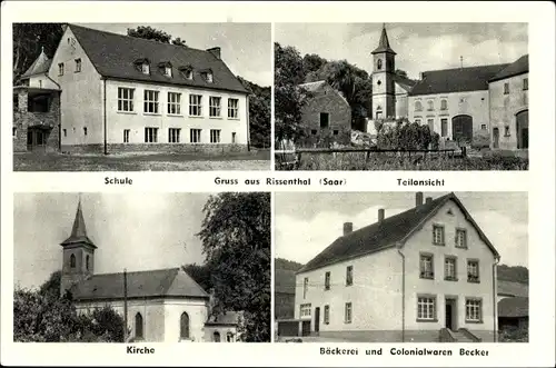 Ak Rissenthal Losheim am See im Kreis Merzig Wadern, Schule, Kirche, Bäckerei Kolonialwaren Becker