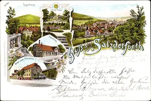 Litho Bad Salzdetfurth in Niedersachsen, Logierhaus, Villa Thiele, Badehaus, Hotel zum Kronprinz