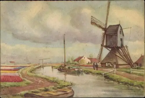 Künstler Ak Ansicht einer Windmühle, am Wasser, Hebebrücke, Blumenbeete