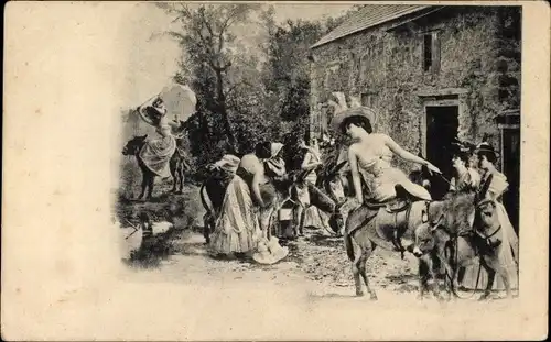 Ak Frauen reiten auf Eseln, Motiv vor einem Bauernhaus, Kleider, Sonnenschirm