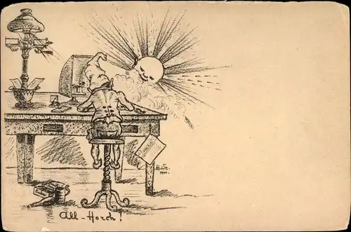 Künstler Ak All Horch, Zwerg an einem Schreibtisch, Sonnenaufgang, Morseapparat