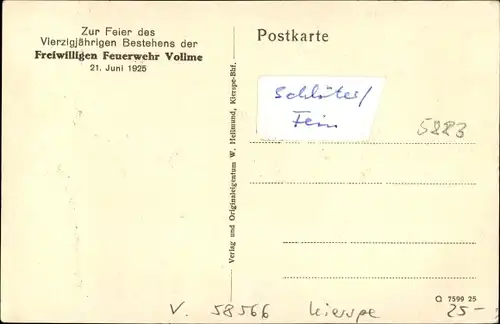 Ak Vollme Kierspe im Märkischen Kreis, Vierzigjähriges Bestehen der Freiwilligen Feuerwehr 1925