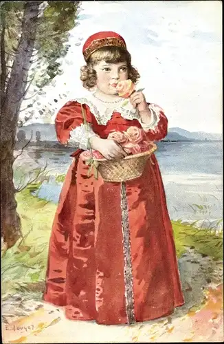 Künstler Ak Mädchen in langem roten Kleid und roter Haube mit Korb voller Rosen