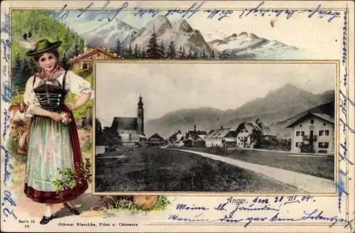 Präge Passepartout Ak Anger im Berchtesgadener Land, Ortsansicht mit Kirche, Frau in Tracht, Kühe