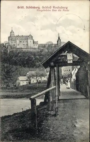 Ak Rochsburg Lunzenau Sachsen, Gräfliche Schönburg, Hängebrücke über die Mulde