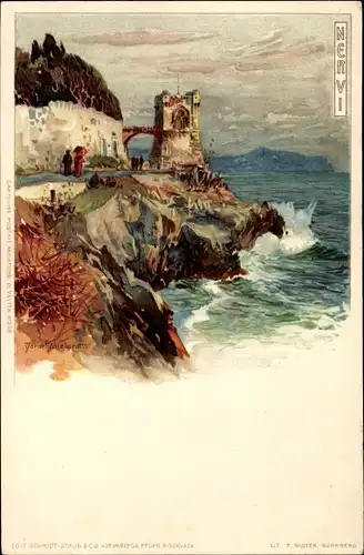Künstler Litho Wielandt, Manuel, Nervi Ligurien, Küstenpartie, Promenade, Turm
