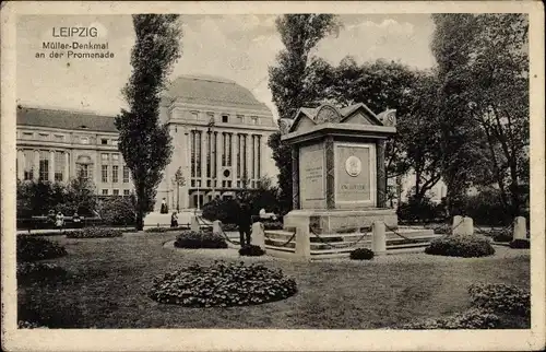 Ak Leipzig in Sachsen, Müller Denkmal an der Promenade, Parkanlage