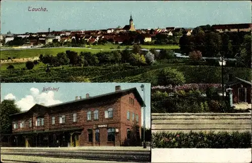 Ak Taucha in Nordsachsen, Totalansicht der Ortschaft, Bahnhof, Bahnstrecke