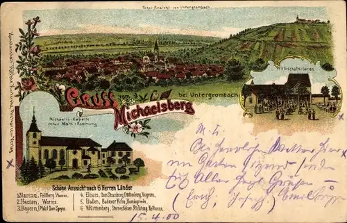 Litho Untergrombach Bruchsal Baden Württemberg, Gruß vom Michaelsberg, Michaelis Kapelle, Wirtschaft