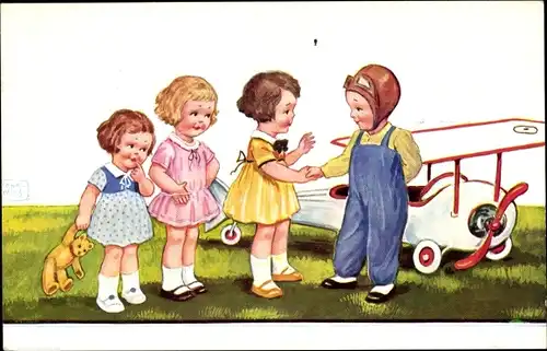 Künstler Ak Wills, John, Pilot vor seinem Flugzeug, Mädchen, Teddybär
