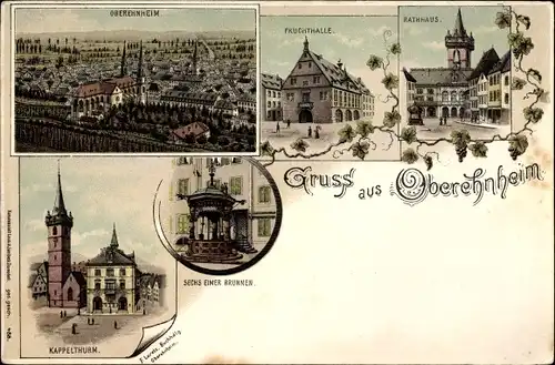 Litho Obernai Oberehnheim Elsass Bas Rhin, Fruchthalle, Rathaus, Kapellenturm, Sechs Eimer Brunnen