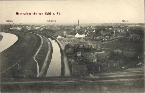 Ak Kehl am Rhein Ortenaukreis Baden Württemberg, Panoramablick Kinzig, Schutter, Rhein, Bahnstrecke