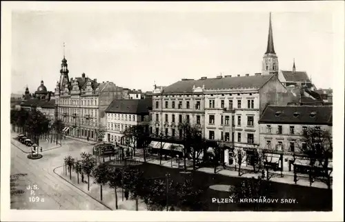 Ak Plzeň Pilsen Stadt, Kramarovy Sady, Allee, Gebäude, Kirchturm