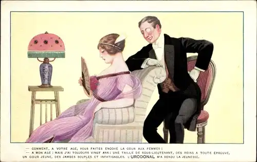 Künstler Ak Reklame für Urodonal, Mann im Smoking mit Monokel, Frau auf einem Sessel, Fächer