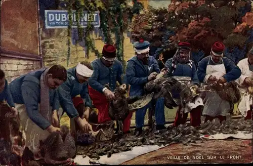 Ak Vieille de Noel sur le Front, Soldaten beim rupfen von Geflügel, Reklame für Dubonnet