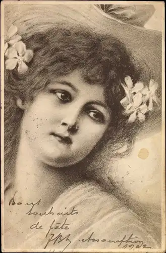 Künstler Ak Portrait einer jungen Frau, Blumen im Haar, Munk 